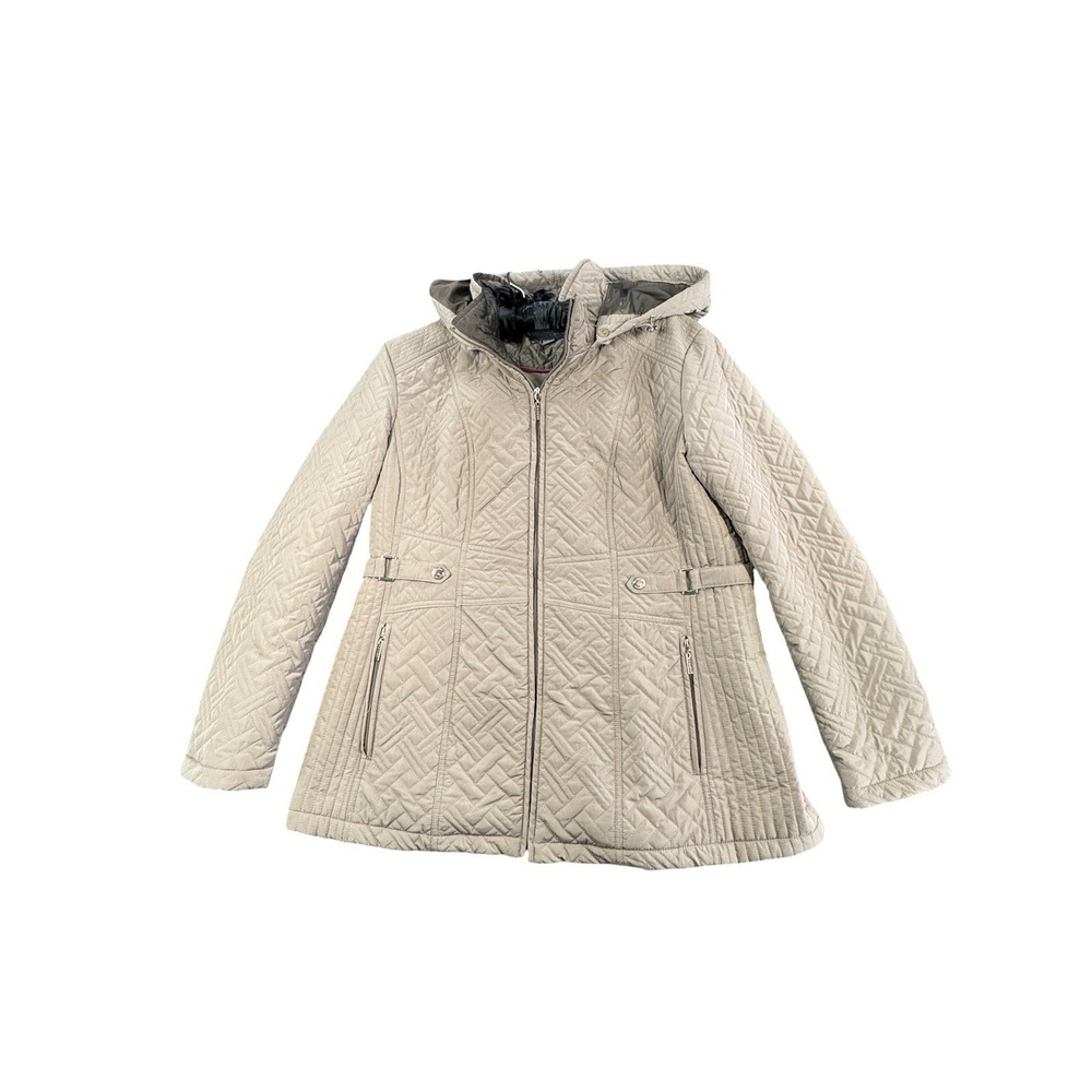 Gallery New York Womens XL Quilted Hooded Jacket Taupe Zip Pockets Belted